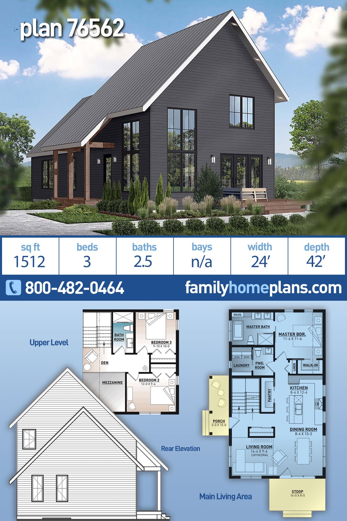 Plan 76562 | Contemporary Style with 3 Bed, 3 Bath