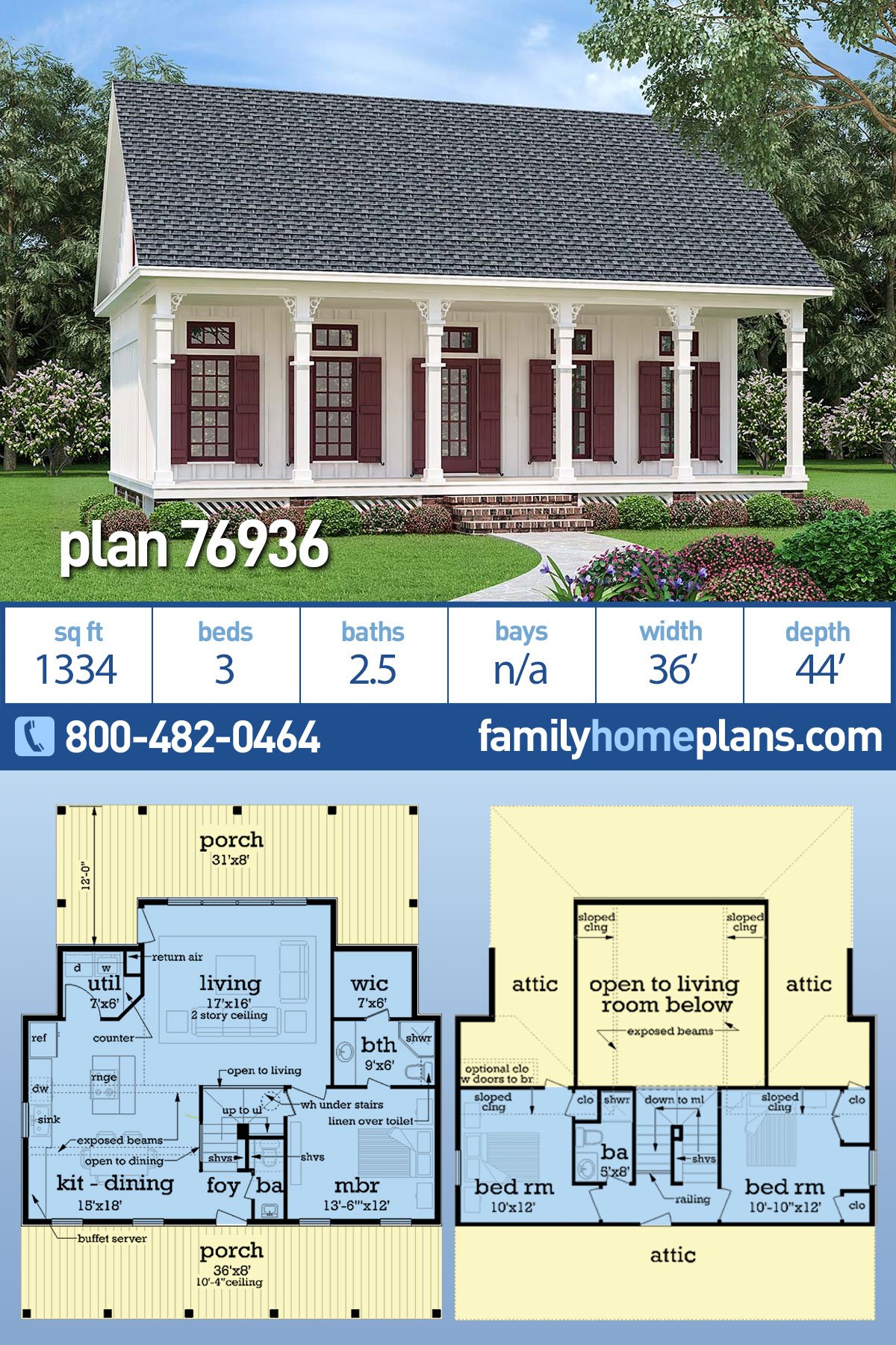 Plan 76936 | Southern Style Colonial Ranch House Plan #76936 has