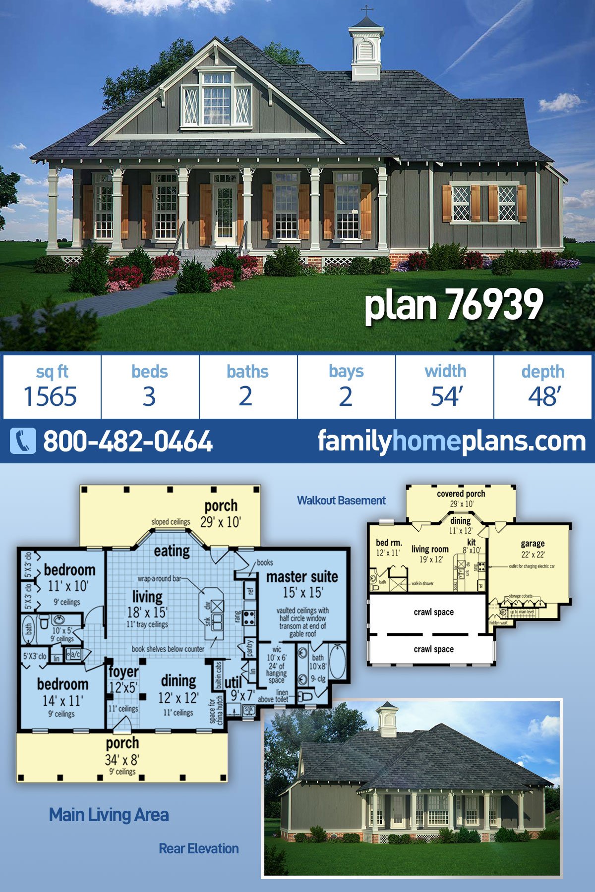 Plan 76939 | Traditional Style with 3 Bed, 2 Bath