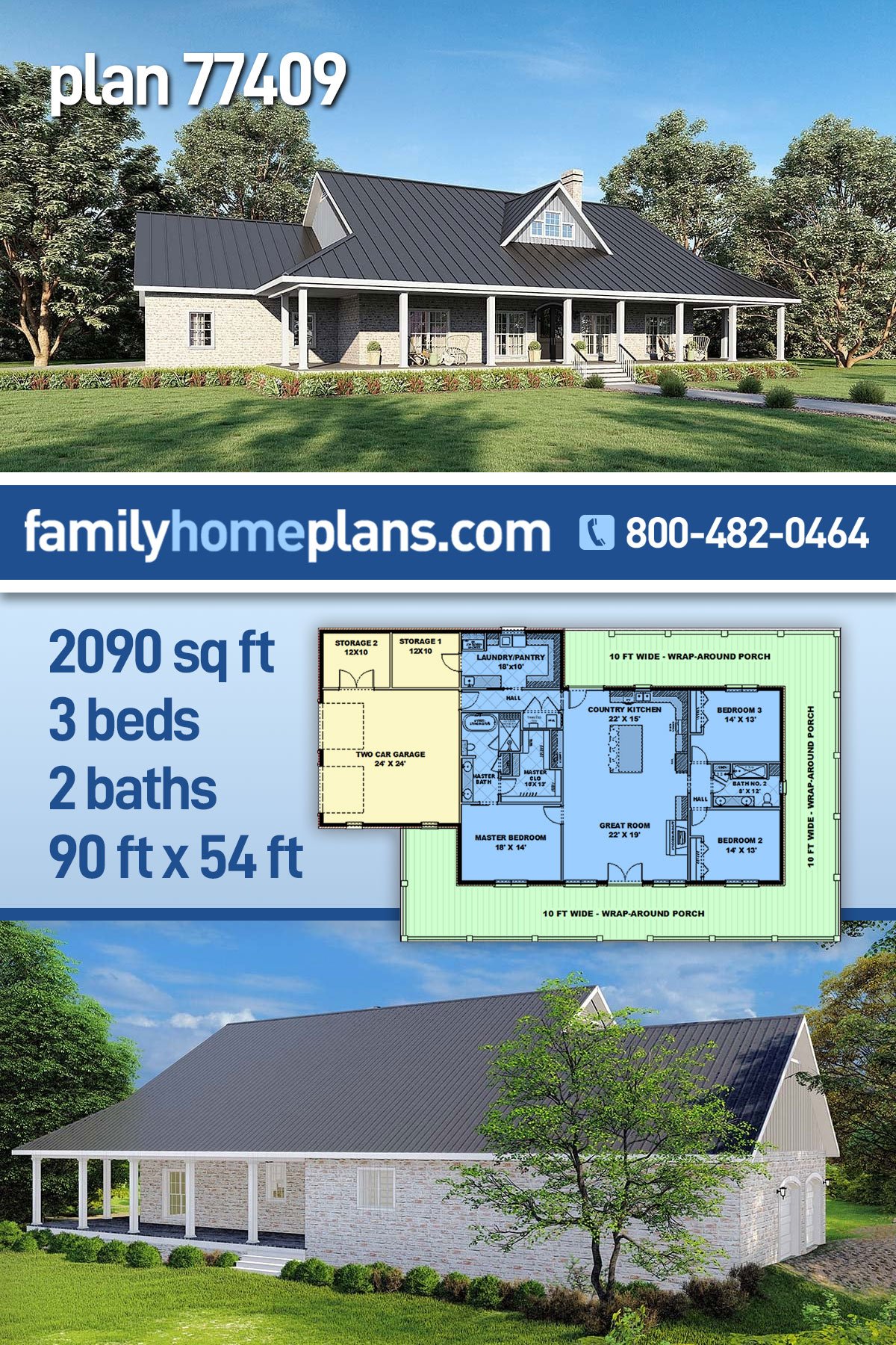 Country, Farmhouse, Ranch, Southern House Plan 77409 with 3 Beds, 2 Baths, 2 Car Garage