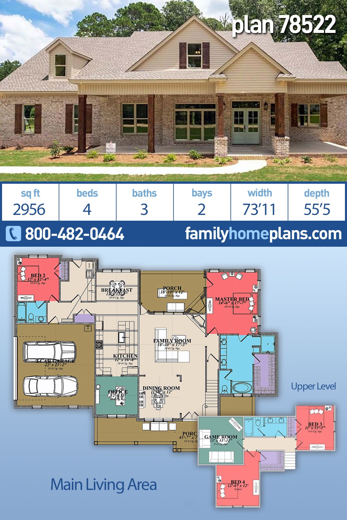 Plan 78522 | Traditional Style with 4 Bed, 3 Bath, 2 Car Garage