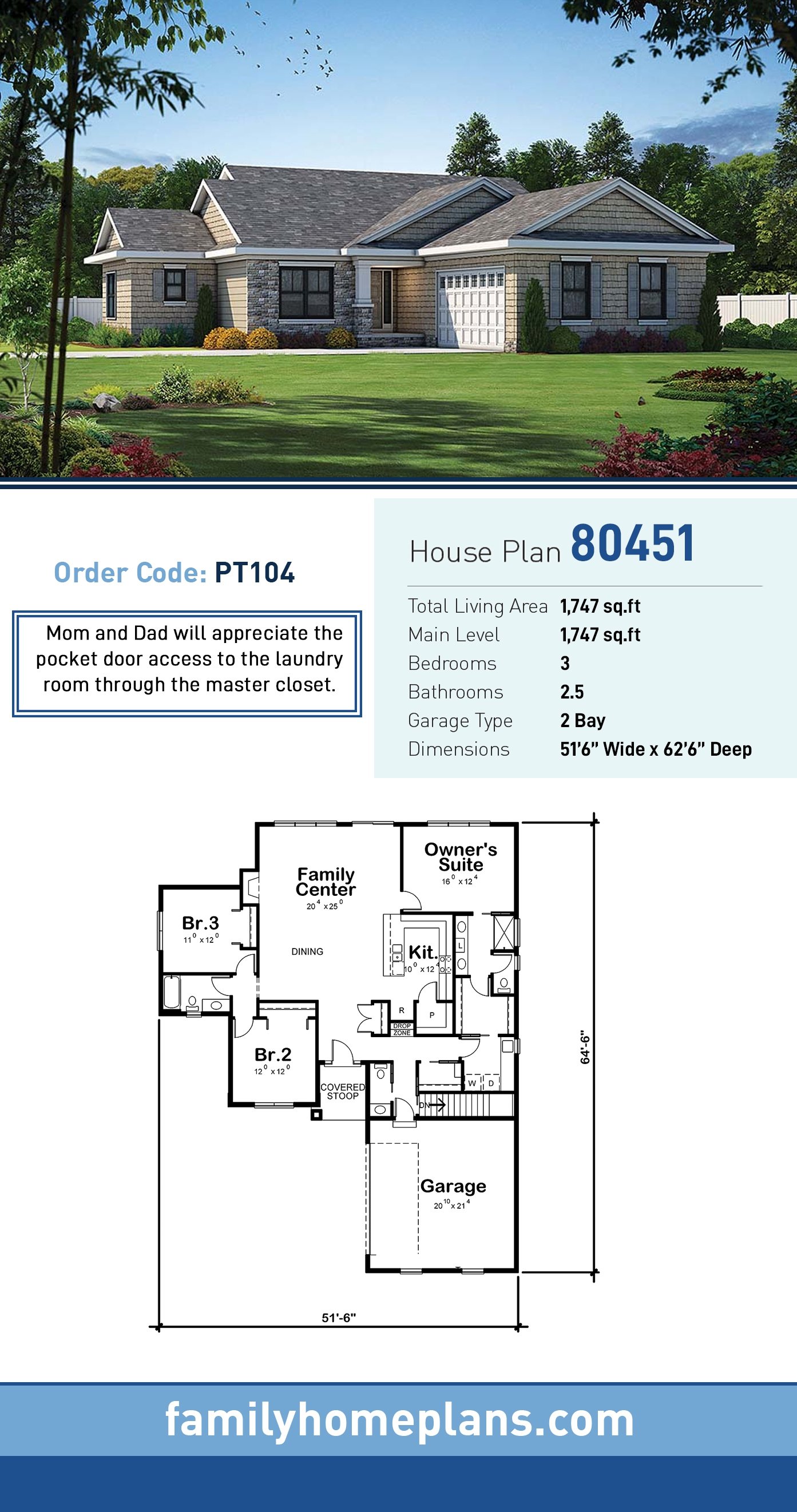 Plan 80451 | Traditional Style with 3 Bed, 3 Bath, 2 Car Garage