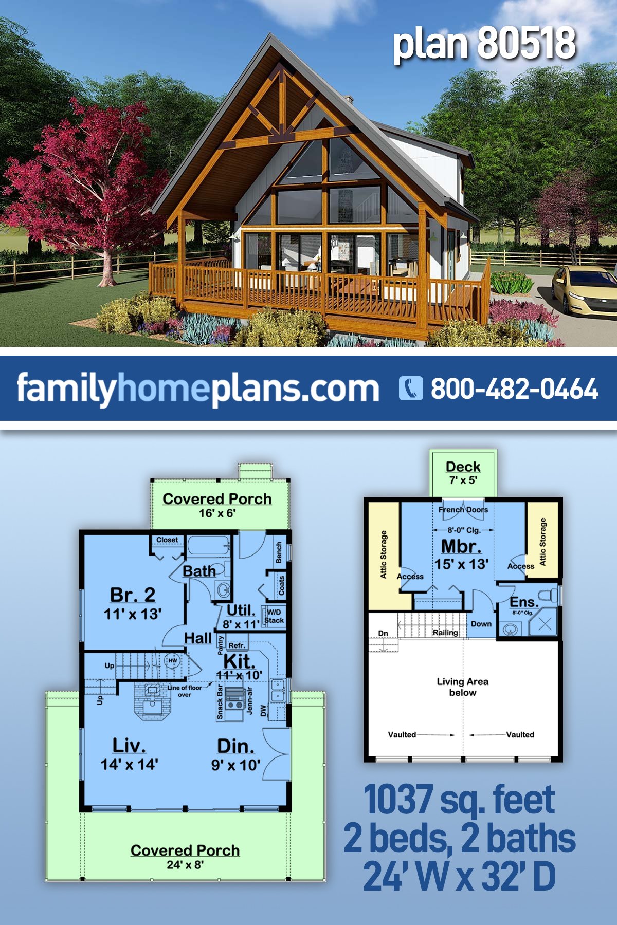 A-Frame, Cabin House Plan 80518 with 2 Beds, 2 Baths