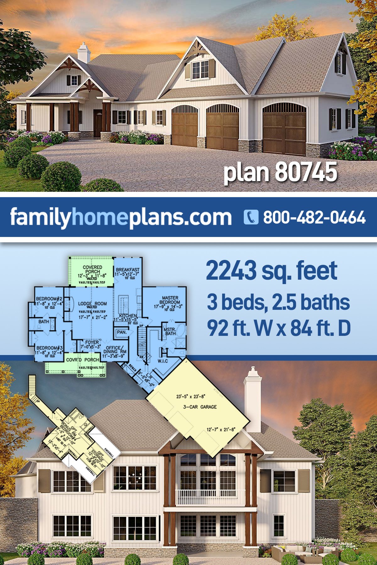 Plan 80745 | New American Style with 3 Bed, 3 Bath, 3 Car Garage