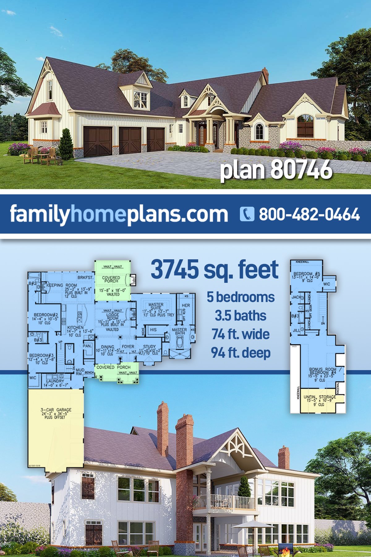 Plan 80746 | New American Style with 5 Bed, 4 Bath, 3 Car Garage