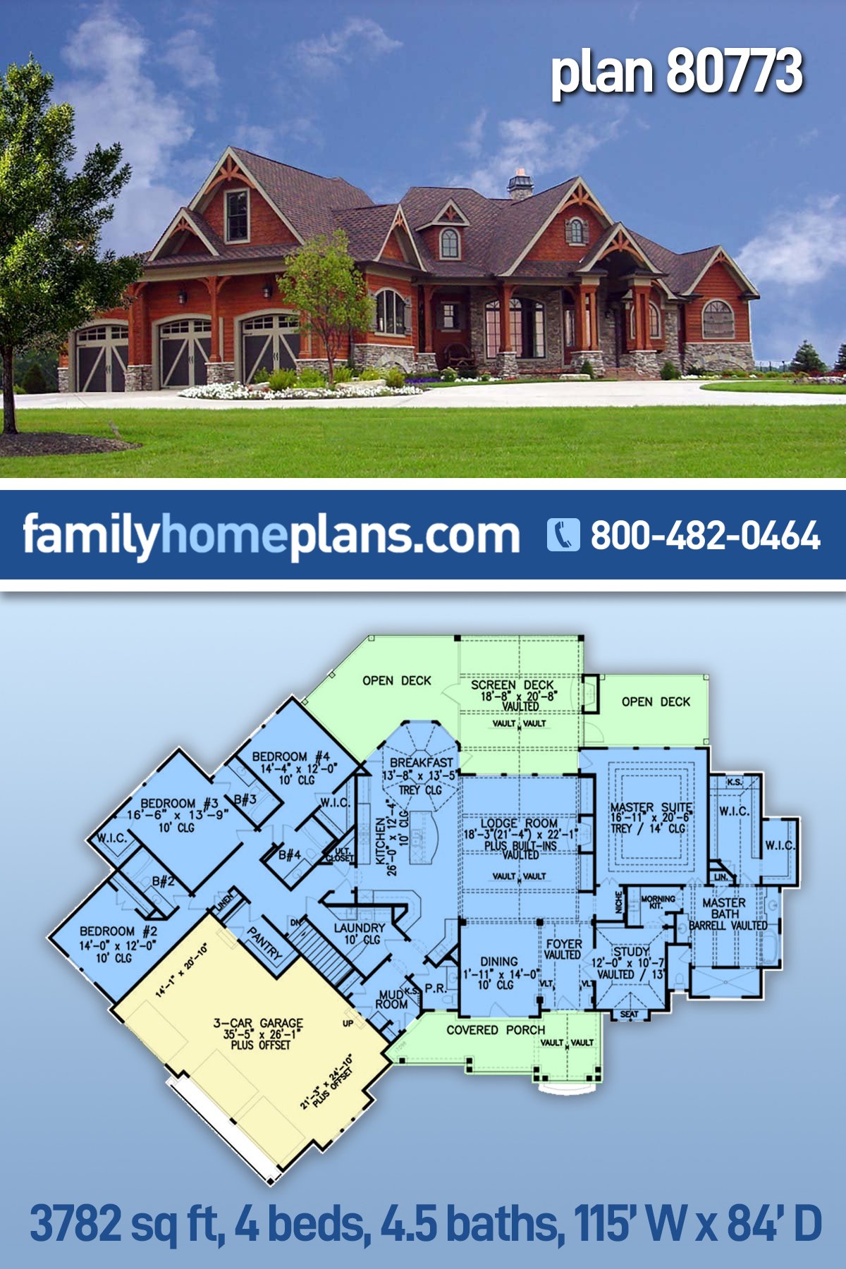 Plan 80773 | New American Style with 4 Bed, 5 Bath, 3 Car Garage