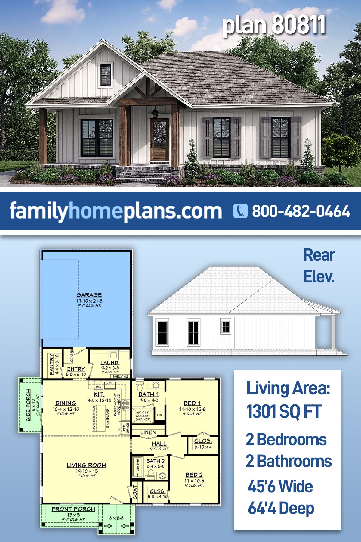 Plan 80811 | Farmhouse Style with 2 Bed, 2 Bath, 2 Car Garage