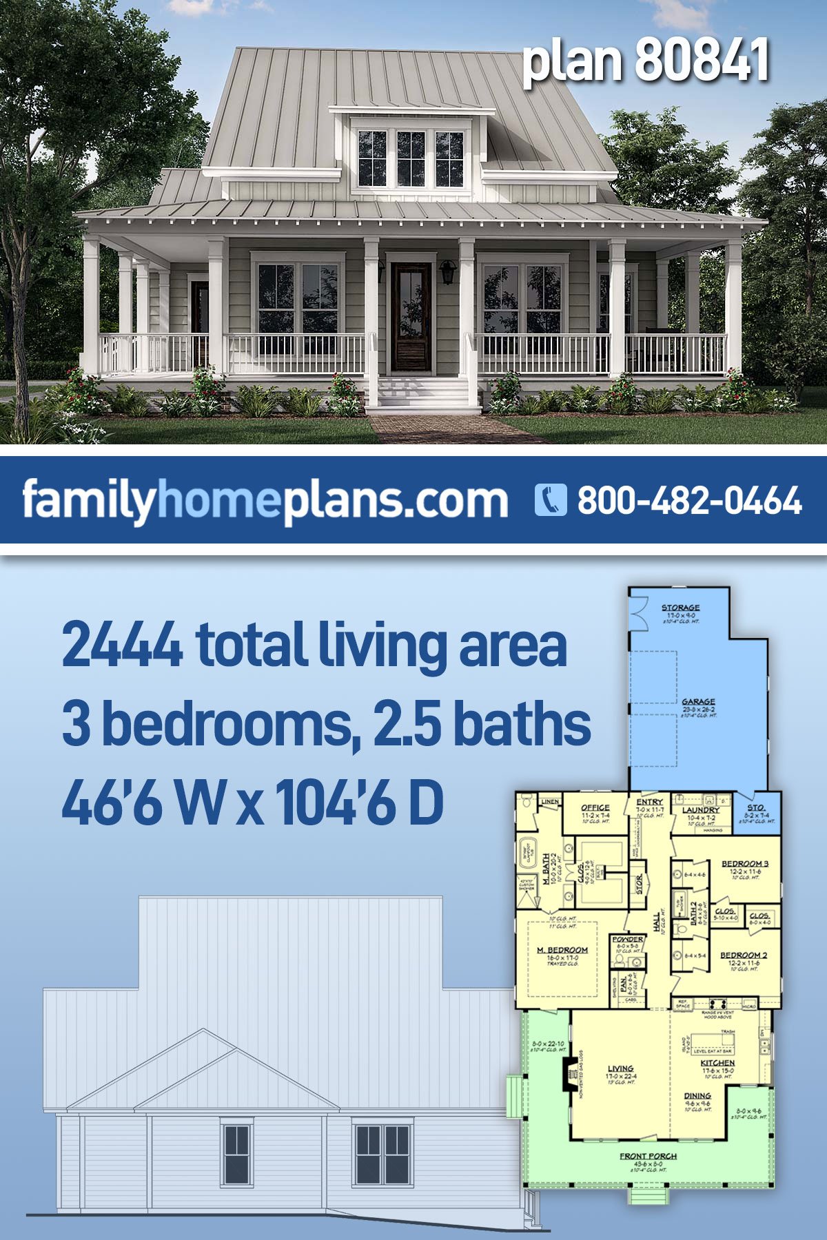 Plan 80841 | Modern Style Farmhouse Plan with 2444 Sq Ft, 3 Beds,