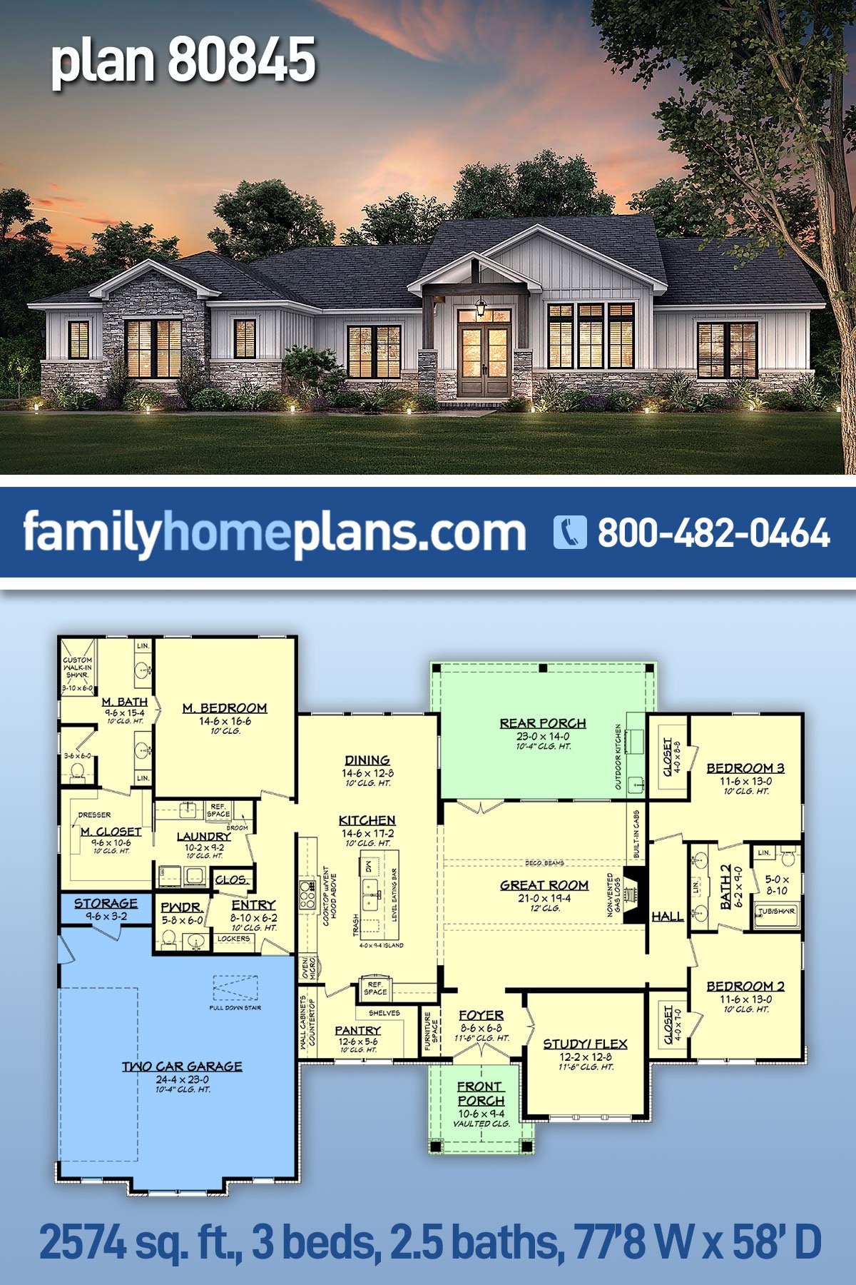 Country, Farmhouse, Ranch Style House Plan 80845