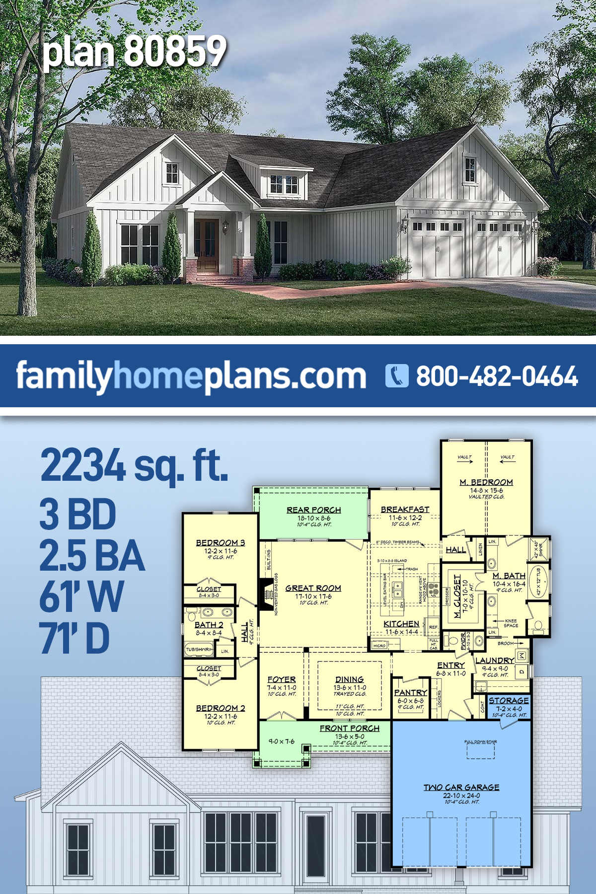 Plan 80859 | Traditional Style Farmhouse Plan with 2234 Sq Ft, 3