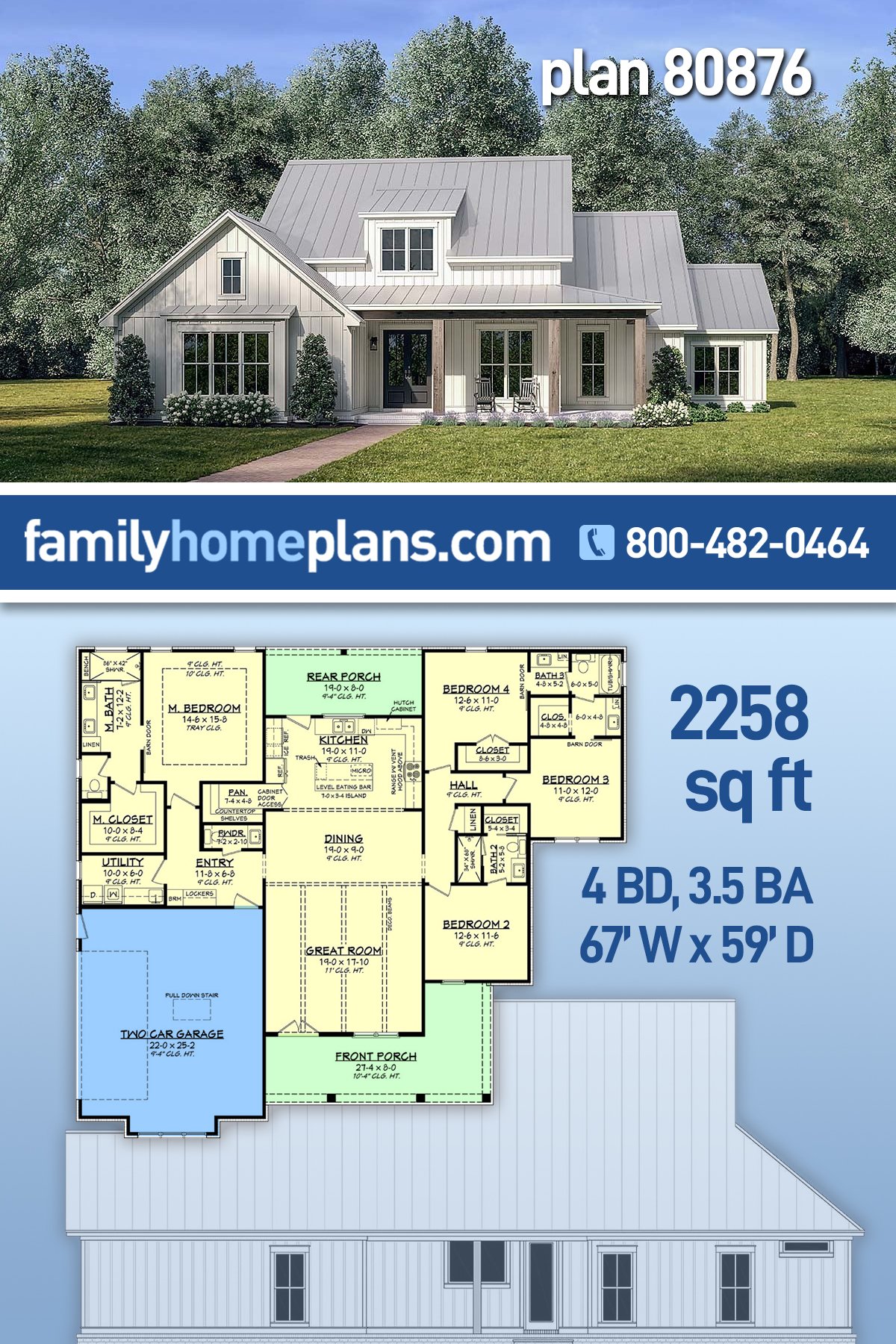 Plan 80876 | Four Bedroom Modern Farmhouse Home Plan with Slab or