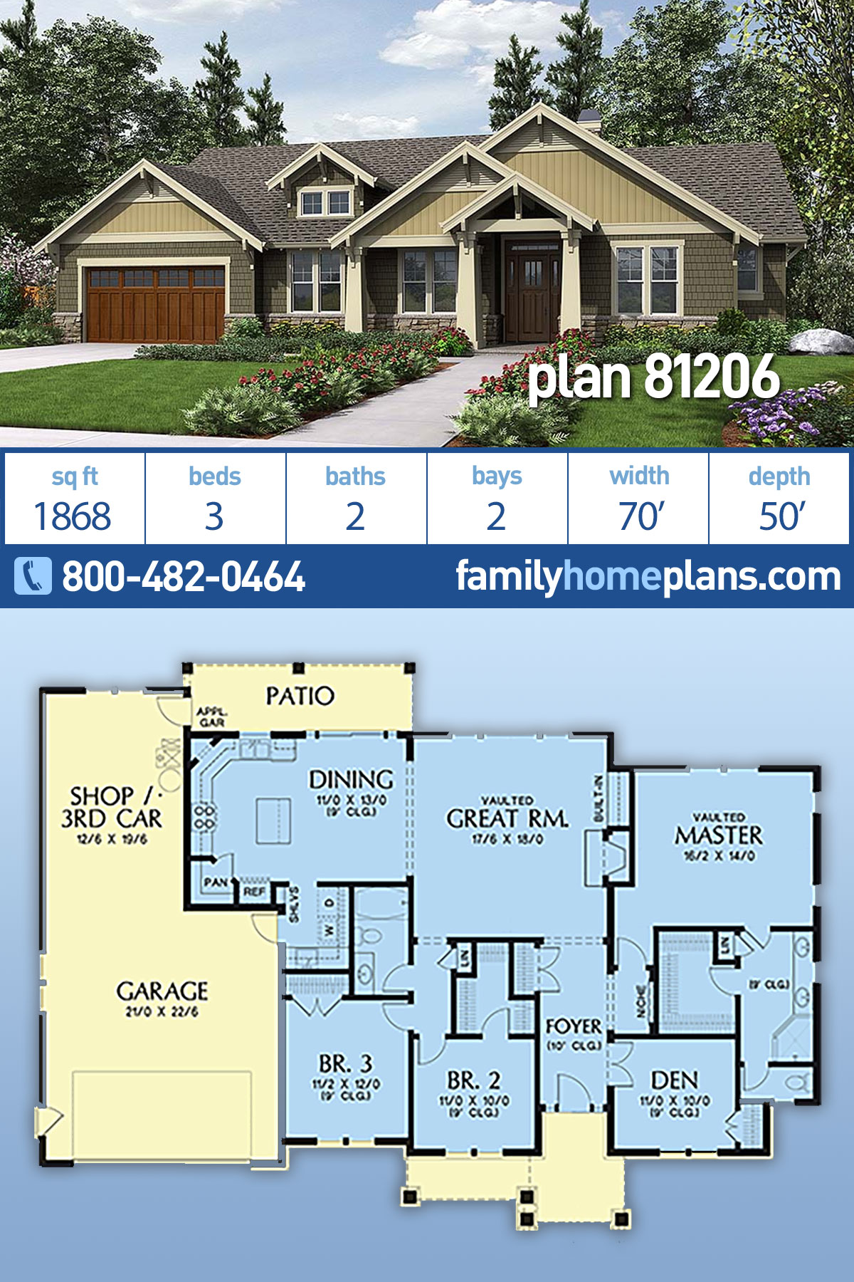 Plan 81206 | 3 Bedroom Craftsman House Plan with Den