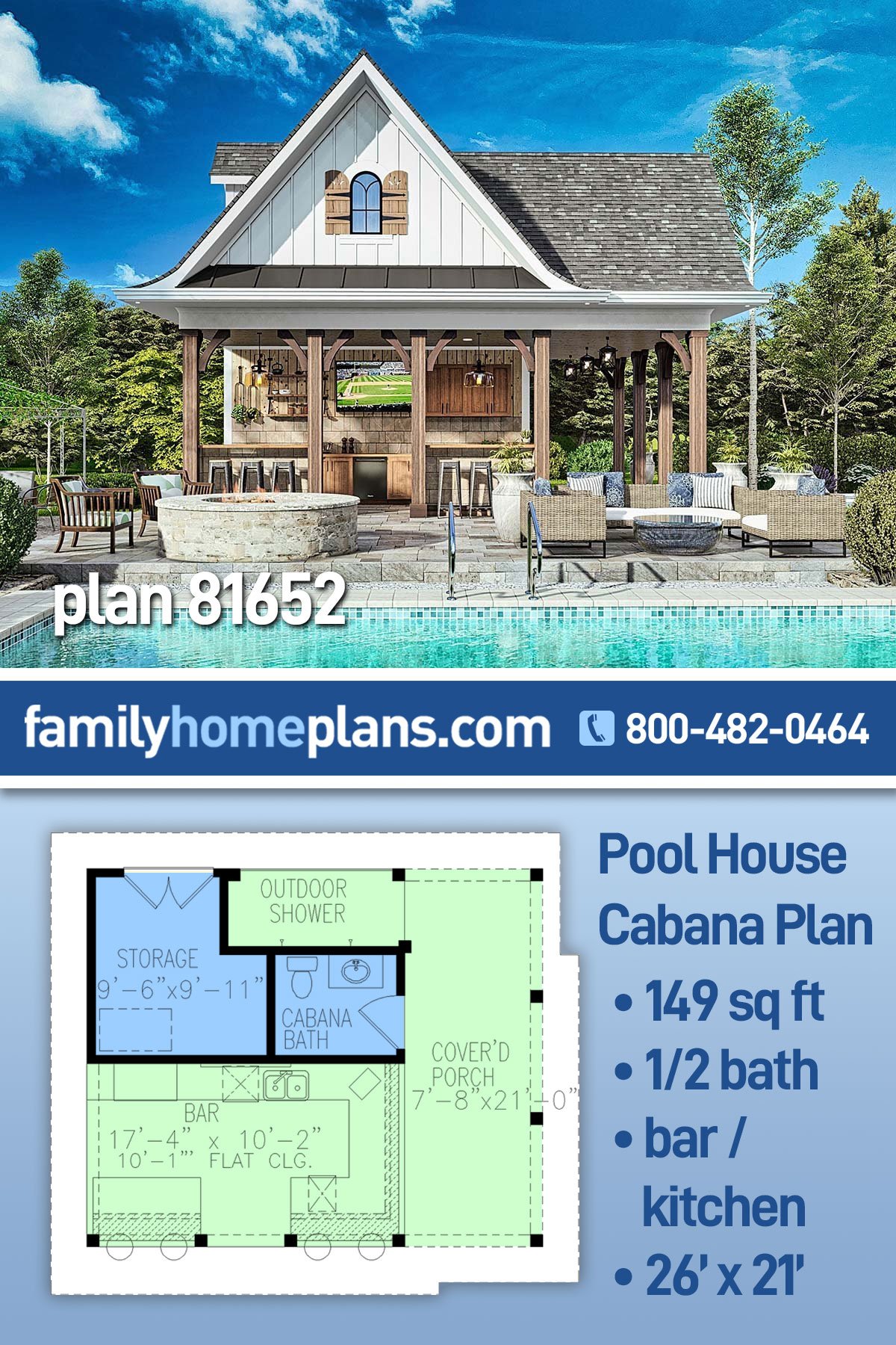 Plan 81652 | Beautiful Pool House Cabana Plan with Storage, Bar a