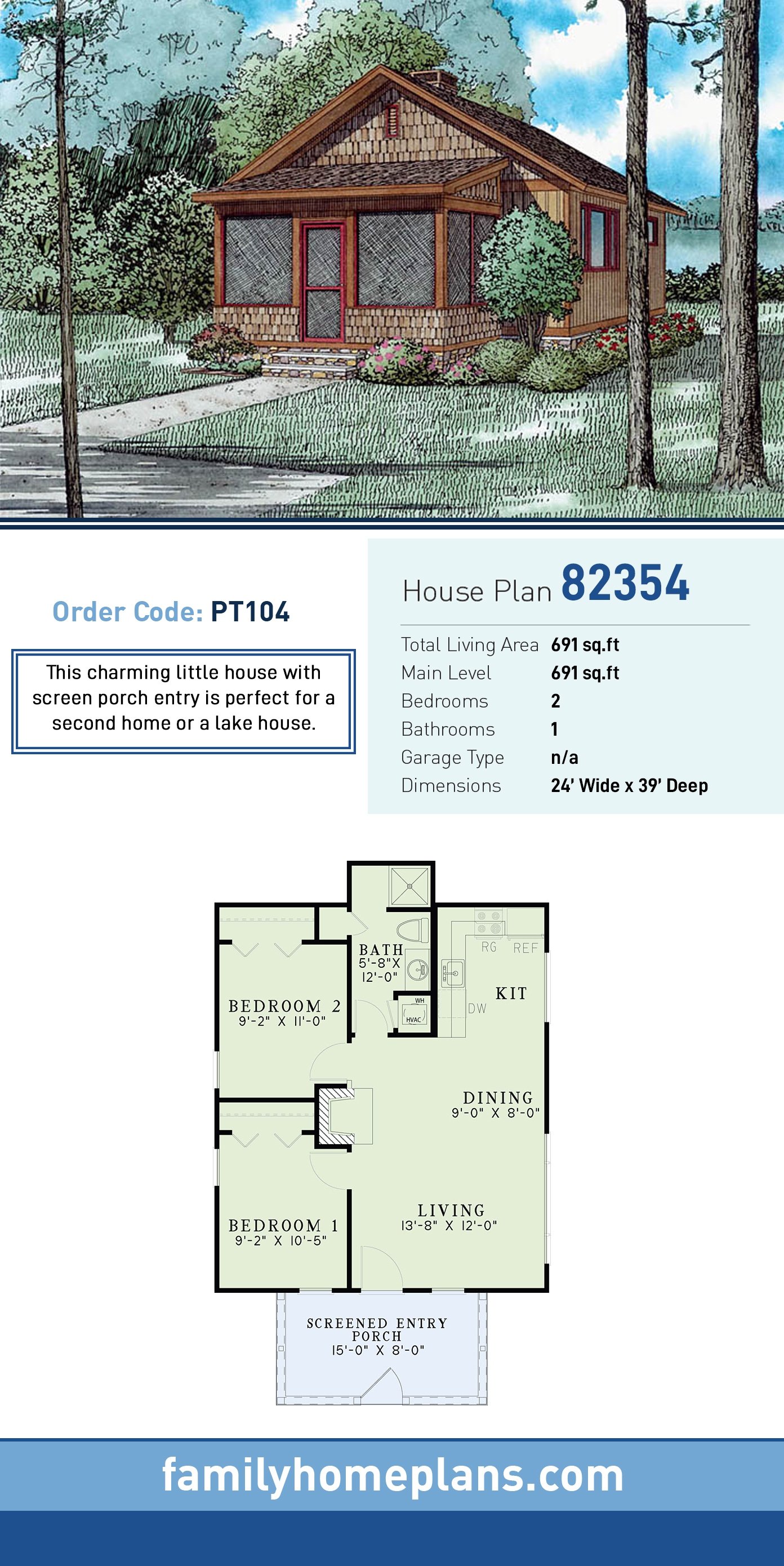 Plan 82354 | Craftsman Style with 2 Bed, 1 Bath