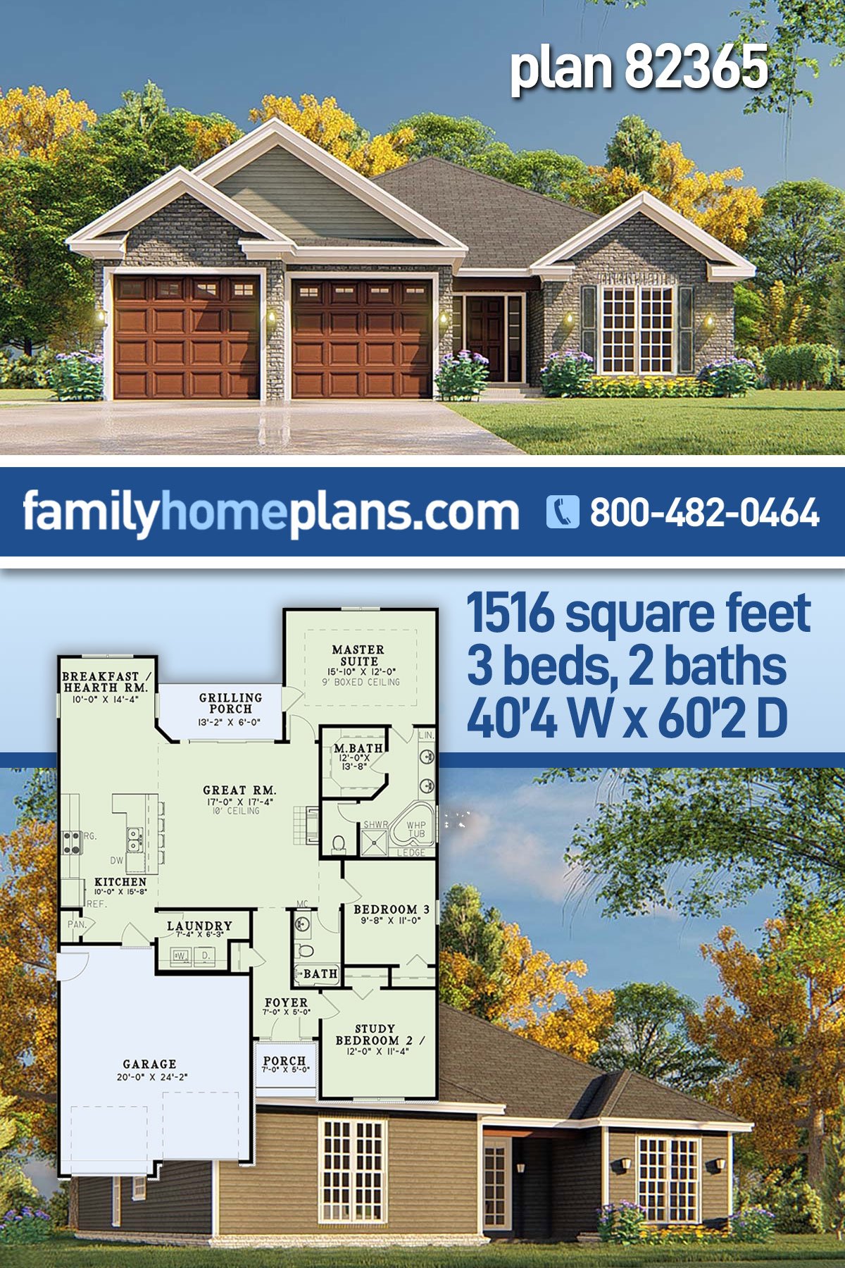 Plan 82365 | Traditional House Plan with Open Floor Plan, 1516 Sq