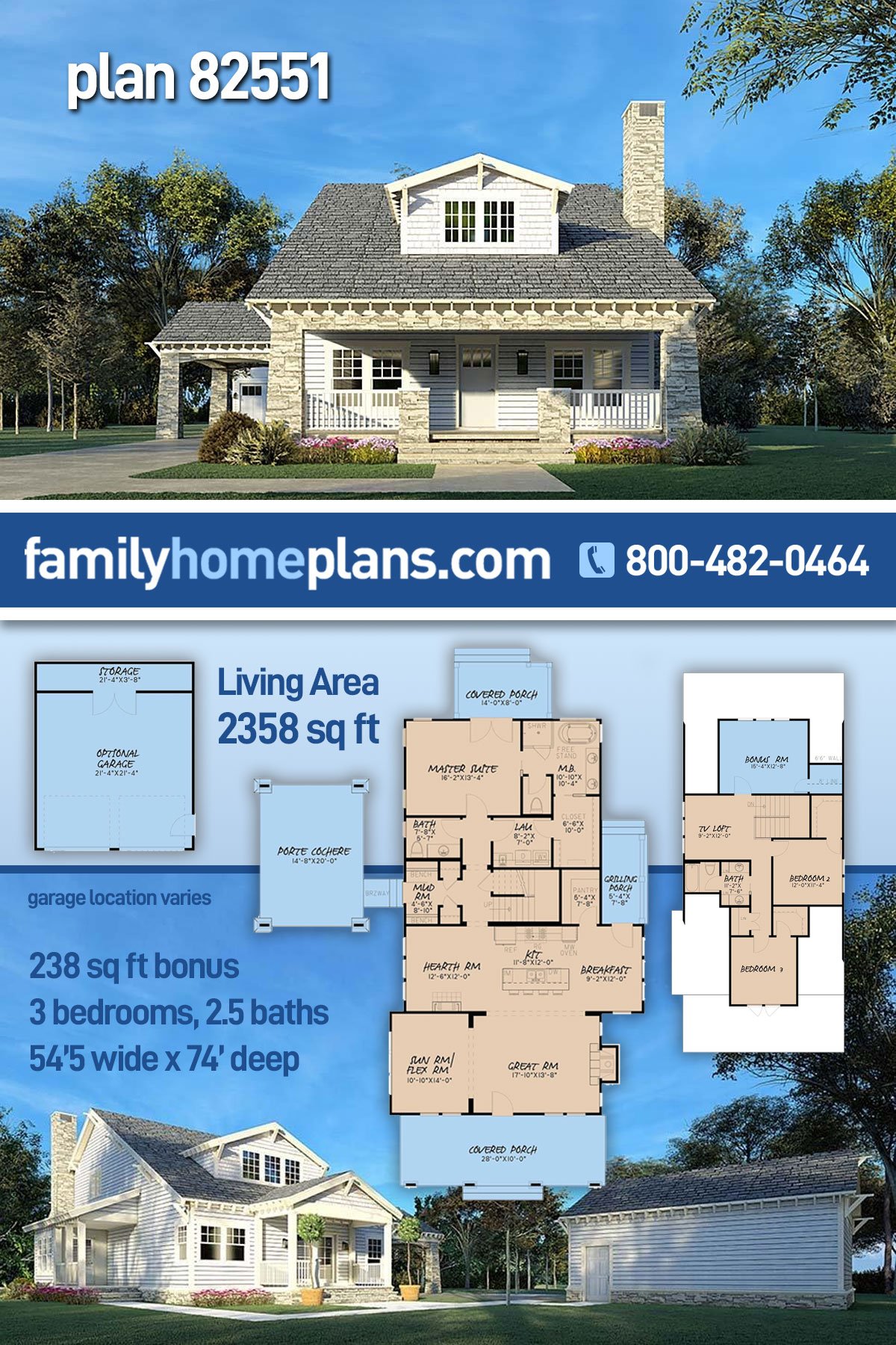 Plan 82551 | Craftsman Style with 3 Bed, 3 Bath