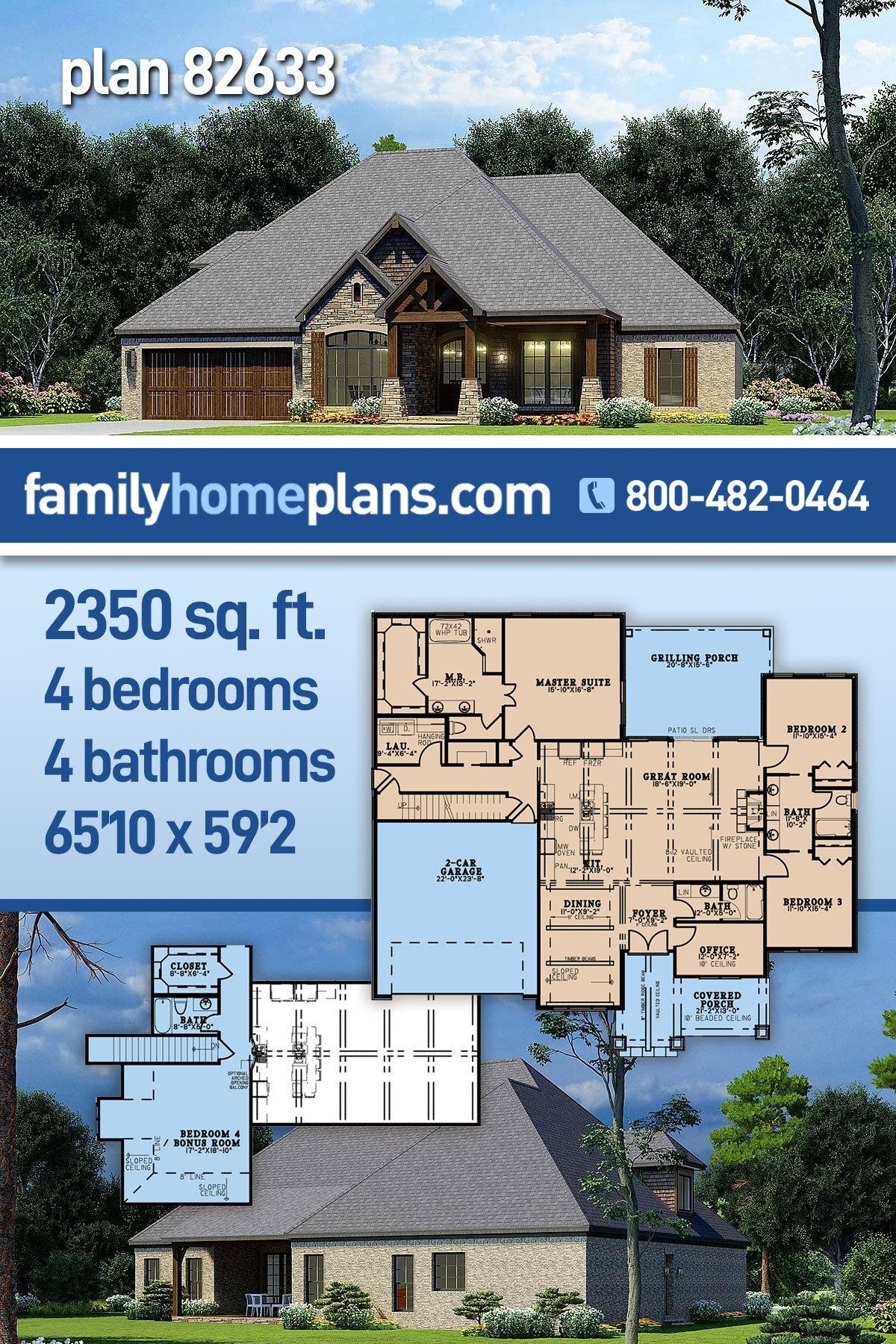 Plan 82633 | Traditional Style with 4 Bed, 4 Bath, 2 Car Garage