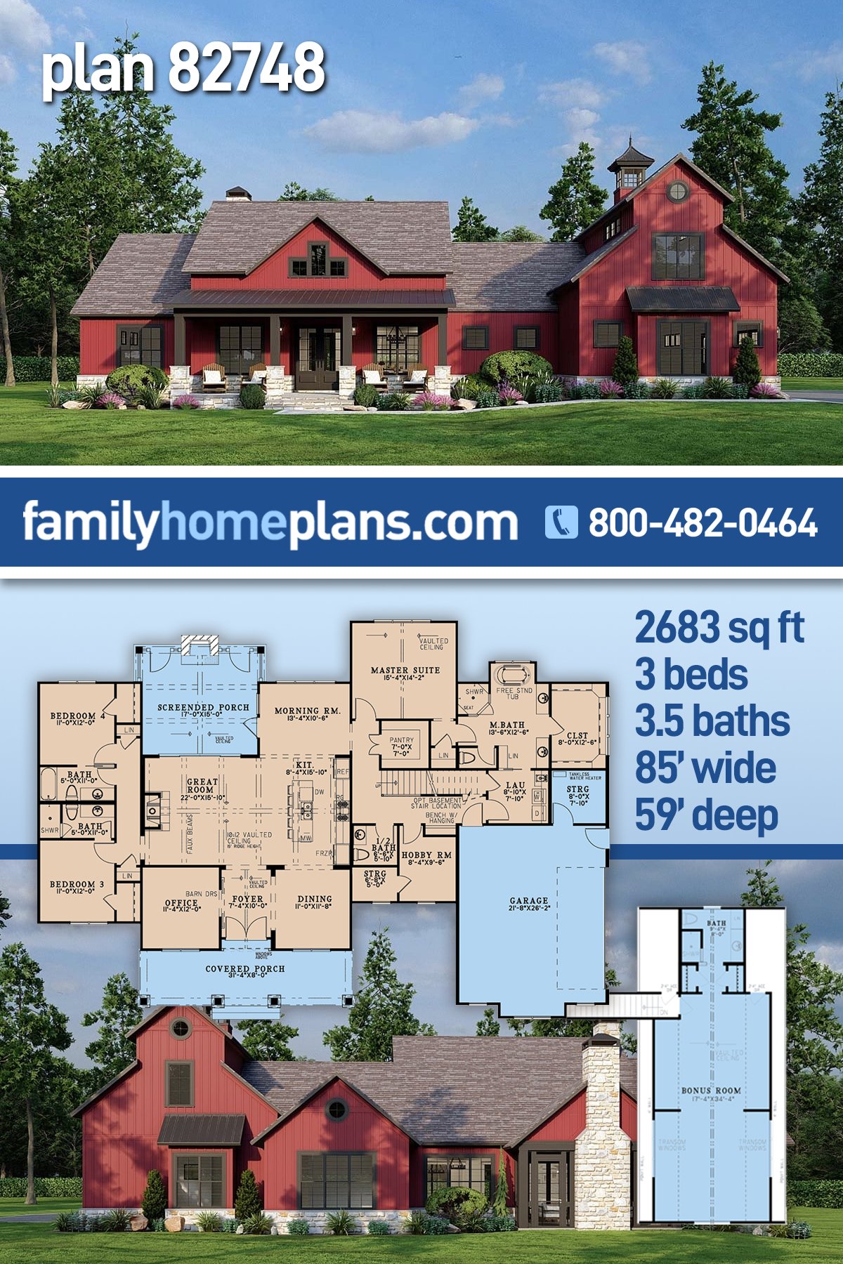 Plan 82748 | Farmhouse Style Barndominium with Great Home Office,