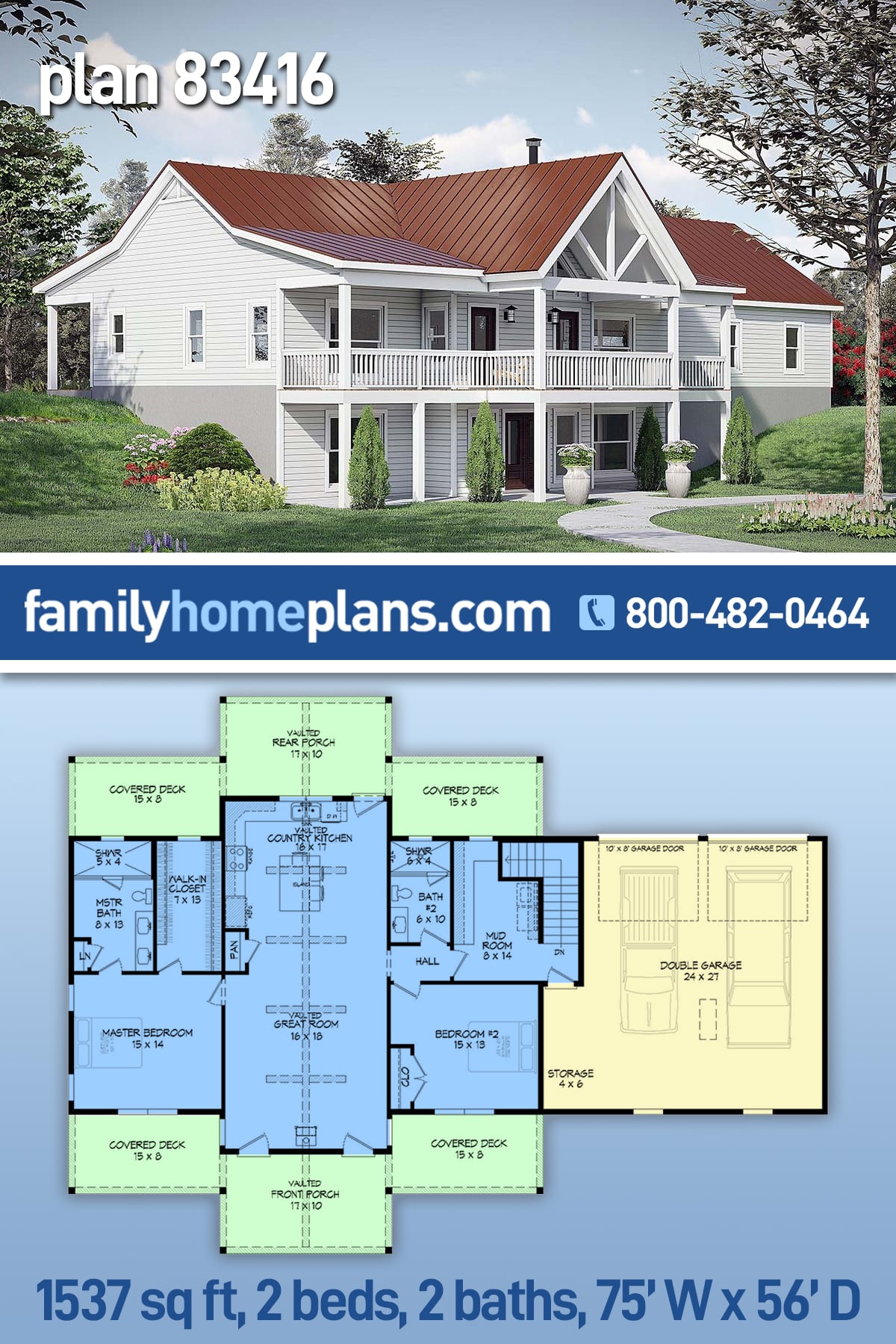 Plan 83416 | Coastal, Country, Ranch House with 2 Bed, 2 Bath, 2 Car