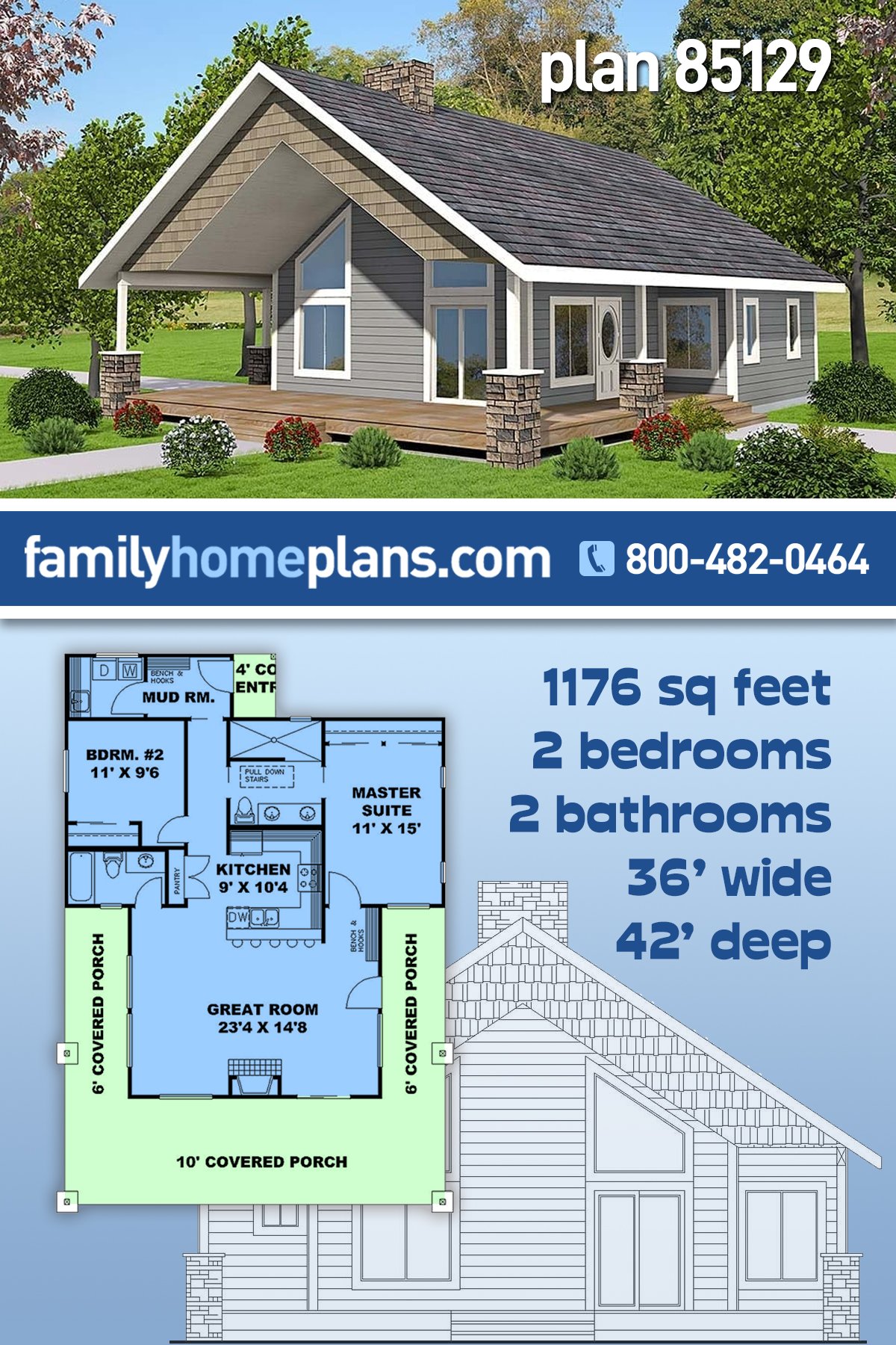 Plan 85129 | Small House Plan with Wrap Around Porch, 1176 Sq Ft,