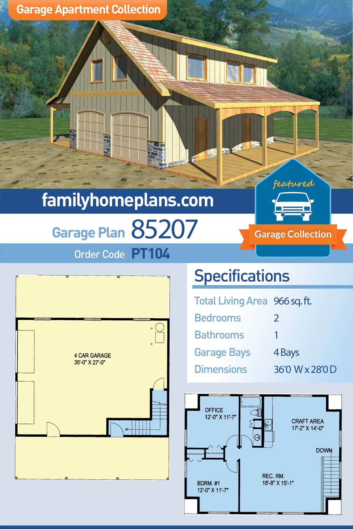 Country, Southern 4 Car Garage Apartment Plan 85207 with 2 Beds, 1 Baths