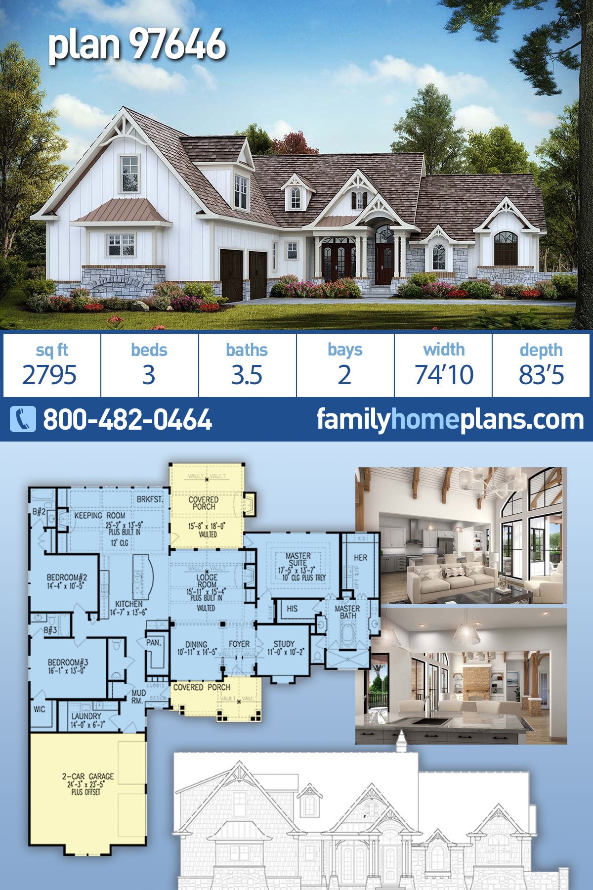 Plan 97646 | NEW Craftsman Home Plan has 2795 sq ft, 3 Beds, 3.5