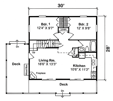 Cabin, Cottage House Plan 20000 with 2 Beds, 1 Baths First Level Plan