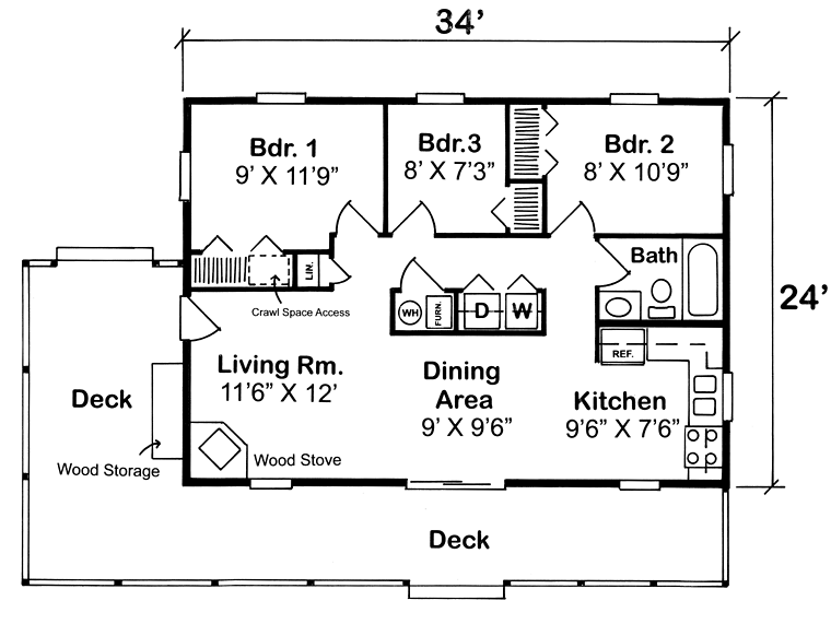 Cabin, Traditional House Plan 20003 with 3 Beds, 1 Baths Level One