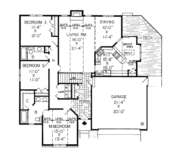 Bungalow European One-Story Ranch Traditional Level One of Plan 20061
