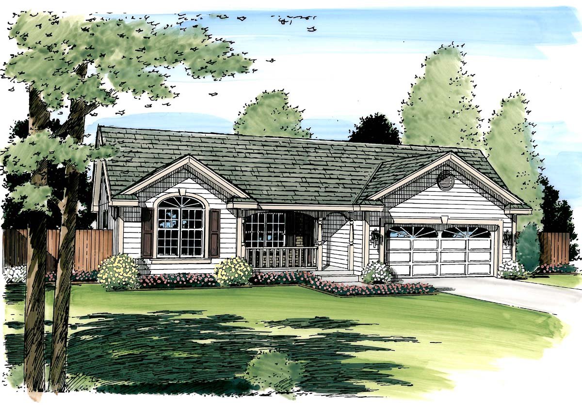 Cottage, Country, Ranch, Southern, Traditional Plan with 1312 Sq. Ft., 3 Bedrooms, 2 Bathrooms, 2 Car Garage Picture 3