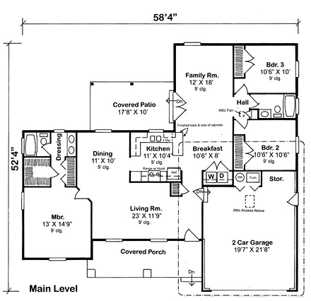 Bungalow, Craftsman House Plan 25200 with 3 Beds, 2 Baths, 2 Car Garage First Level Plan