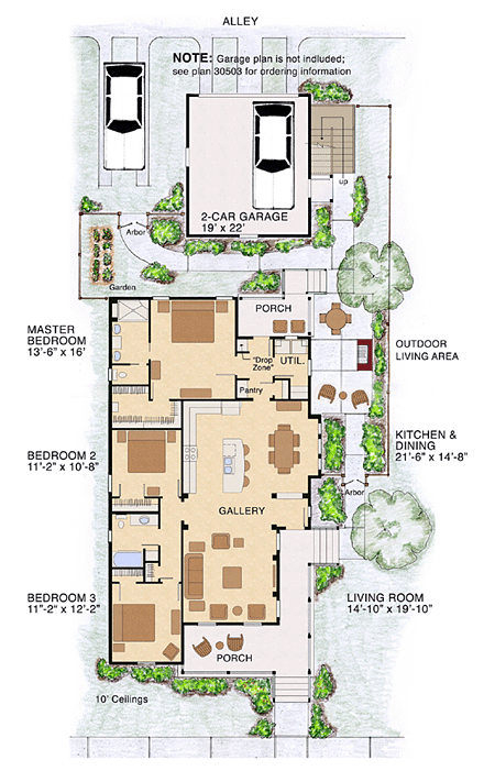 Bungalow, Cottage, Country House Plan 30502 with 3 Beds, 2 Baths, 2 Car Garage First Level Plan