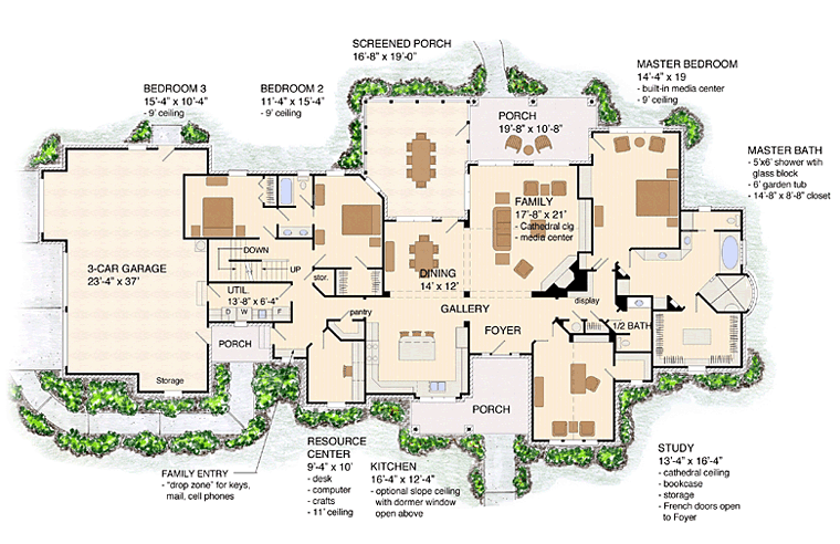 Craftsman, European, Farmhouse, Ranch House Plan 30507 with 3 Beds, 4 Baths, 3 Car Garage Level One