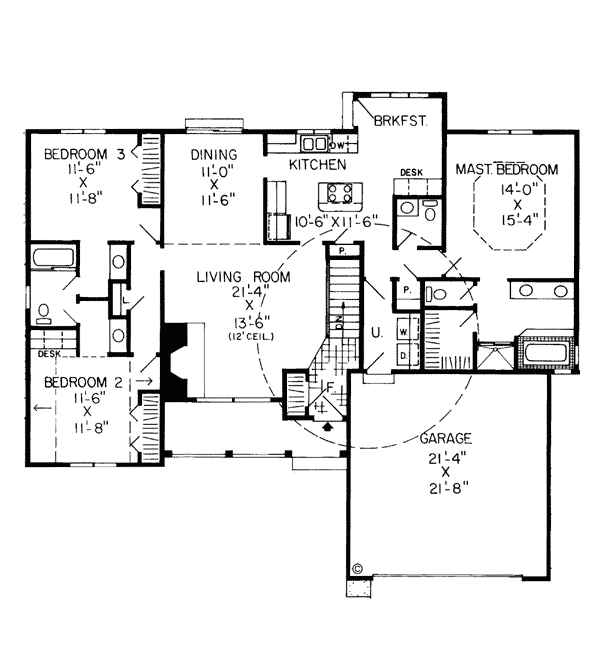 Country One-Story Ranch Traditional Level One of Plan 34031