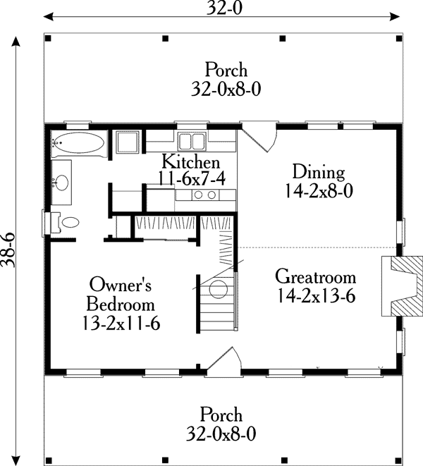 Cabin, Country, Southern House Plan 40025 with 2 Beds, 1 Baths Level One
