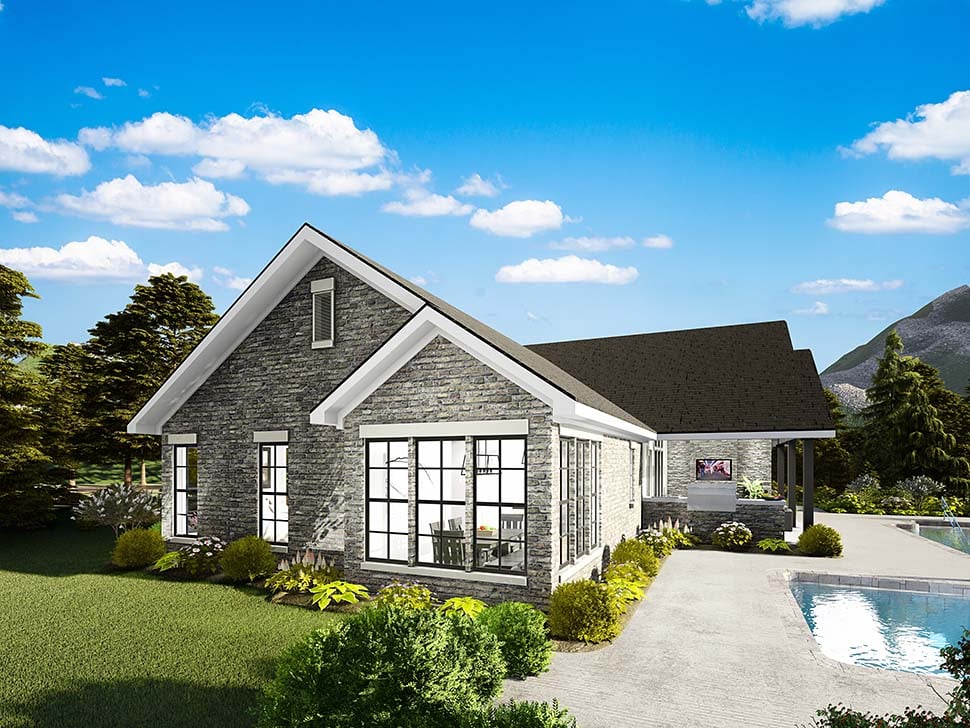 Cape Cod, Coastal, Cottage, Country, Southern, Traditional Plan with 1725 Sq. Ft., 3 Bedrooms, 2 Bathrooms, 2 Car Garage Rear Elevation