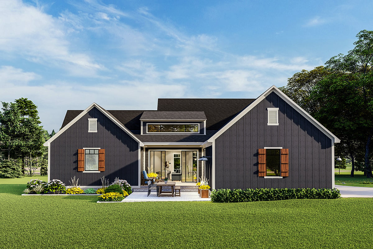 Country, Farmhouse, Ranch, Traditional Plan with 1936 Sq. Ft., 3 Bedrooms, 2 Bathrooms, 2 Car Garage Rear Elevation