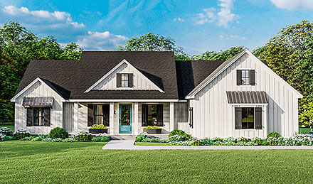 Country Farmhouse Ranch Southern Elevation of Plan 40053