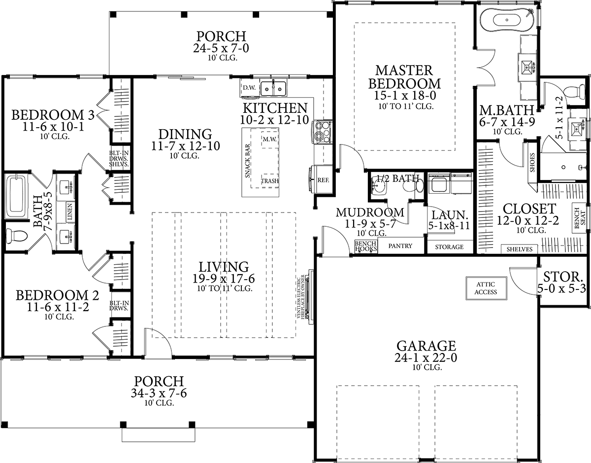 Cottage Country Farmhouse Ranch Southern Traditional Level One of Plan 40055