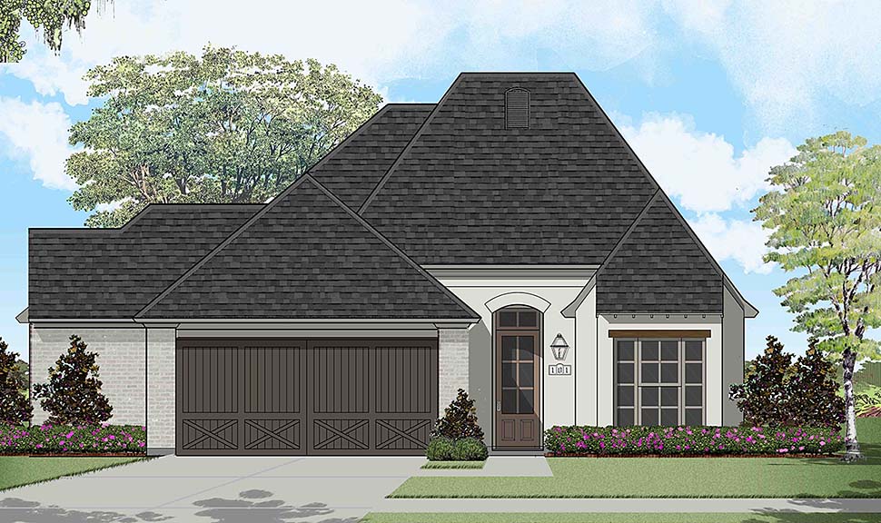 European, French Country Plan with 1609 Sq. Ft., 3 Bedrooms, 2 Bathrooms, 2 Car Garage Elevation