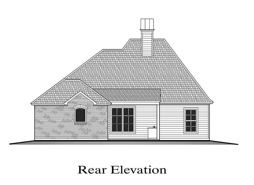 European, French Country Plan with 1980 Sq. Ft., 4 Bedrooms, 2 Bathrooms, 2 Car Garage Rear Elevation