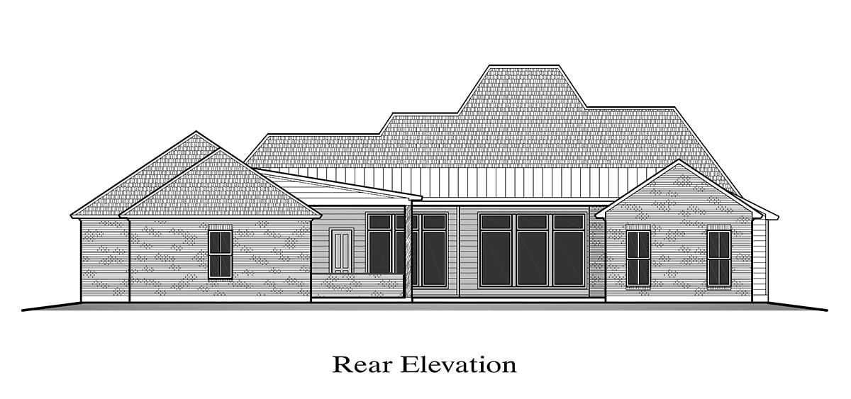 Acadian, Southern Plan with 2437 Sq. Ft., 3 Bedrooms, 3 Bathrooms, 2 Car Garage Rear Elevation