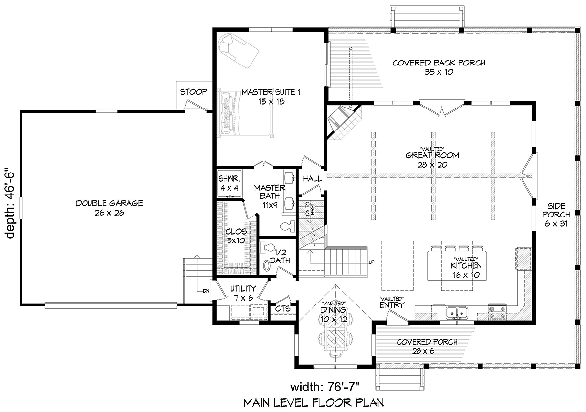 Country Farmhouse Traditional Level One of Plan 40813