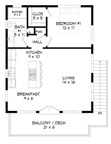 Coastal, Contemporary, Modern Garage-Living Plan 40896 with 2 Beds, 2 Baths, 2 Car Garage Second Level Plan