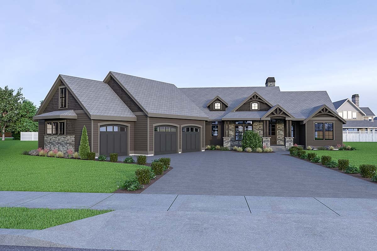 Craftsman, Ranch Plan with 3285 Sq. Ft., 3 Bedrooms, 3 Bathrooms, 3 Car Garage Elevation