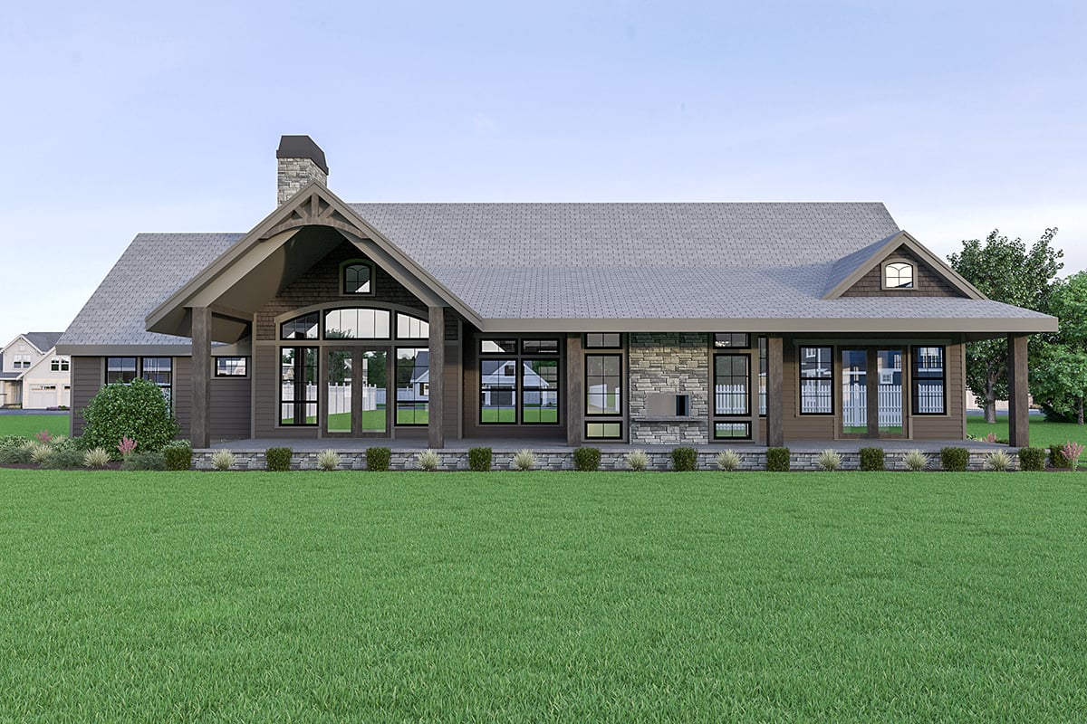 Craftsman, Ranch Plan with 3285 Sq. Ft., 3 Bedrooms, 3 Bathrooms, 3 Car Garage Rear Elevation