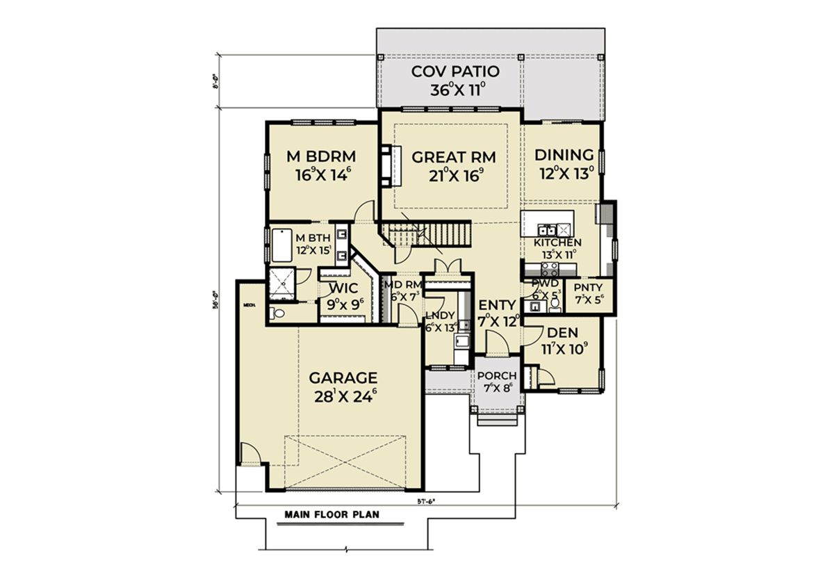 Contemporary Craftsman Farmhouse Level One of Plan 40974