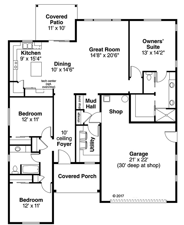 Cottage Country Ranch Southern Traditional Level One of Plan 41270