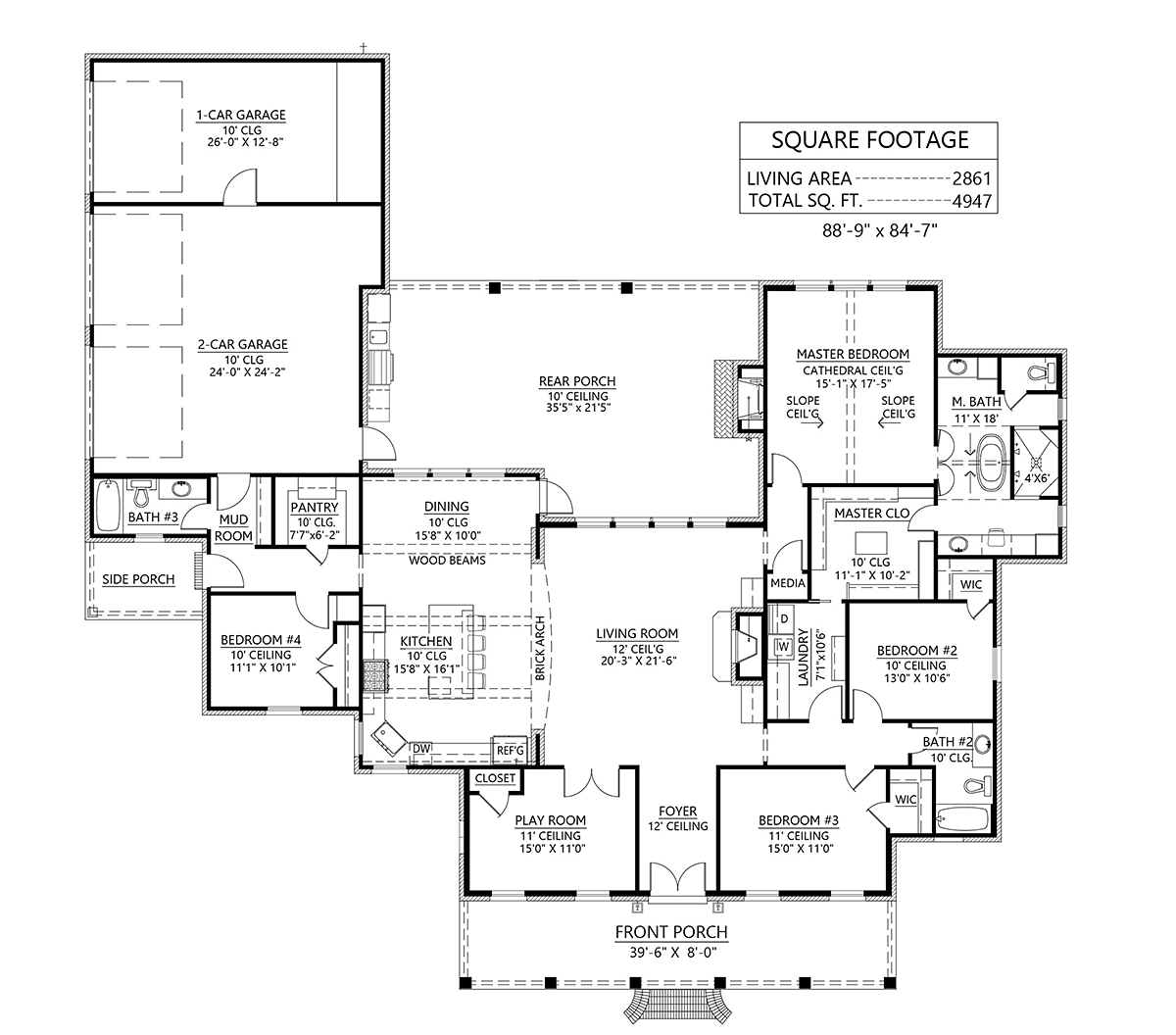 Acadian, European, Traditional House Plan 41403 with 4 Beds, 3 Baths, 3 Car Garage Level One