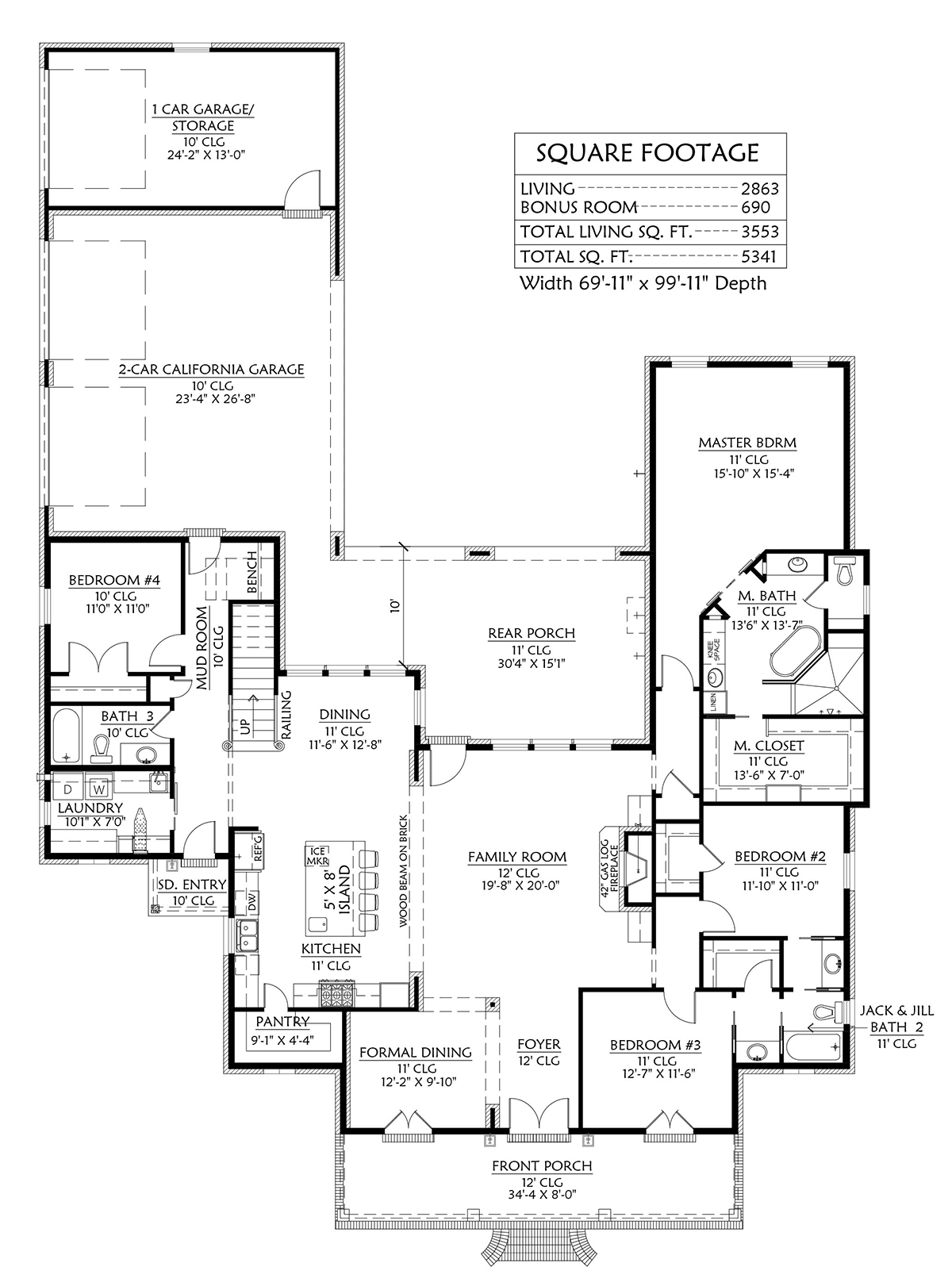 Acadian French Country Southern Level One of Plan 41431